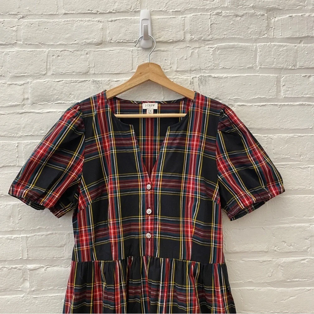 J.Crew || Stewart Tartan Puff-Sleeve Midi Dress With Jeweled Buttons Black 14‎